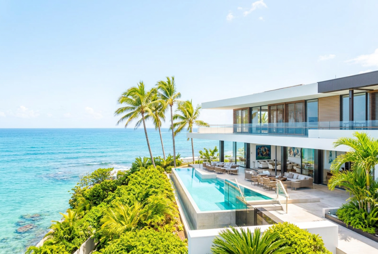 Residencia contemporánea de lujo frente al mar turquesa en Puerto Rico bajo luz de día. Imagen ilustrativa; no representa una propiedad disponible.